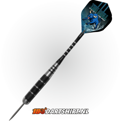 Zwart-en-blauwe dartpijl met een afbeelding van een duiker aan de punten.