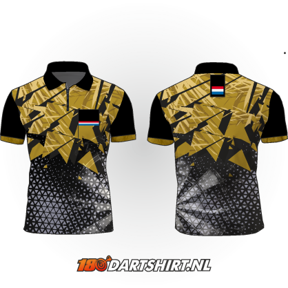 Poloshirt met zwart, goud en grijze patronen, met vlaggen op de borst en mouw.